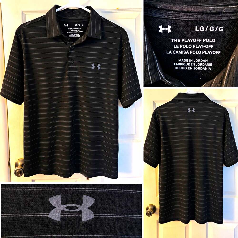 Under Armour The Playoff Polo Men's Black Striped Knit Short Sleeve Size L